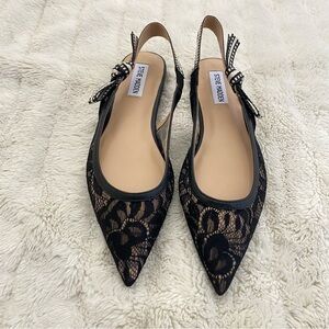 Steve Madden Black & Cream Lace Pointed Toe Slingback Flats Shoes New Size 7.5